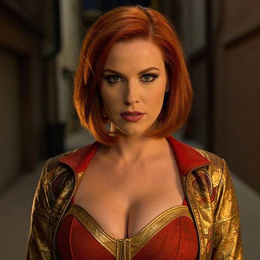 CGI image of a red-haired woman with striking blue eyes, wearing a gold-embellished red dress with deep cleavage, standing in a