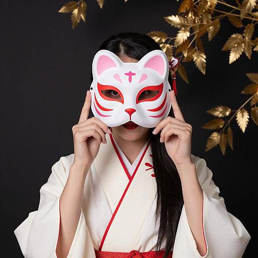 Asian Woman in Kimono Holding Cat Mask