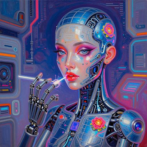 Digital artwork of a futuristic, cybernetic woman with glowing red lips, blue eyes, and metallic rose adornments, holding a laser pen in a