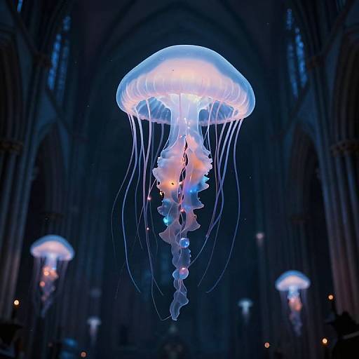Photograph of glowing jellyfish with blue and pink accents, floating in a dark, Gothic cathedral with tall, arched windows.
