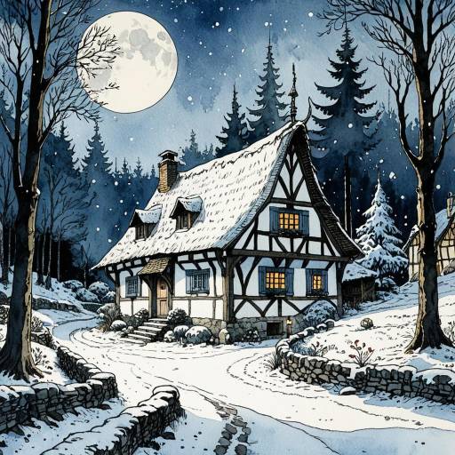 Cozy Snowy Dutch Cottage in Moonlight