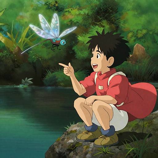 Anime-style drawing: Curious boy with black spiky hair, red shirt, white shorts, and blue socks points at glowing blue butterfly over lush forest