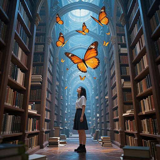 Photograph-style digital art of a young girl in a white blouse and black skirt standing in a grand library with tall bookshelves, surrounded by floating