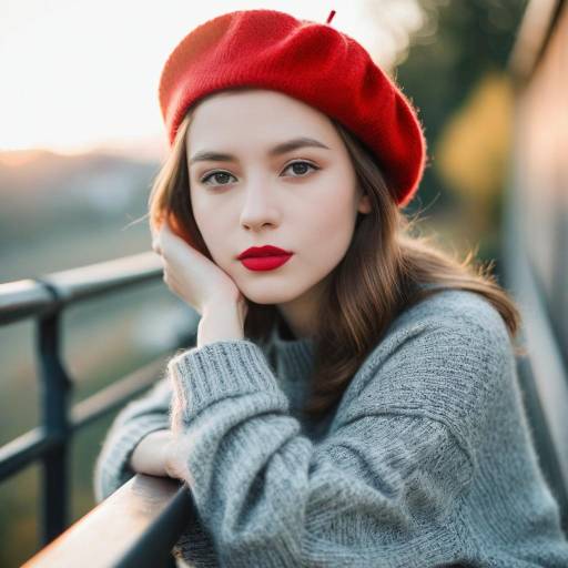 Young Woman in Red Beret and Gray Sweater