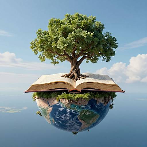 Digital art of a green tree growing from an open book floating on a spherical Earth, set against a clear blue sky.
