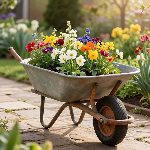 Photograph of a metal wheelbarrow filled with vibrant red, yellow, white, and blue flowers, set on a sunlit brick path.