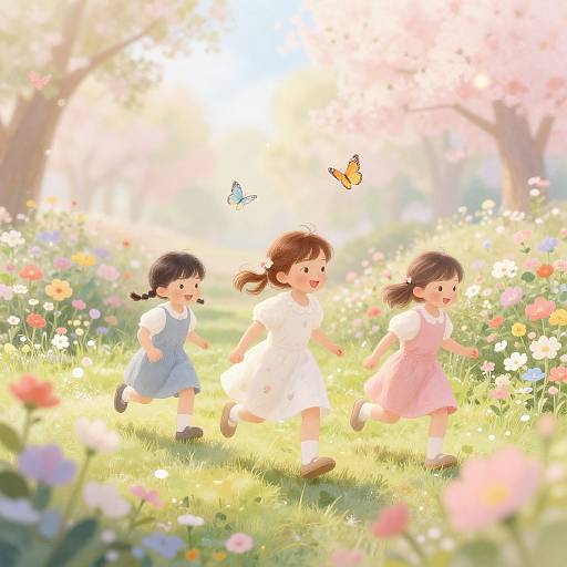 Digital anime-style illustration of three young girls running through a sunlit, flower-filled meadow with butterflies, wearing dresses in blue, white, and pink