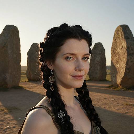Photograph of a pale-skinned woman with black braided hair, wearing a dark sleeveless top and ornate earrings, standing in front of ancient