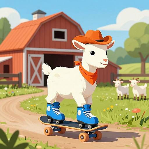 Playful Goat Skateboarding on Farm