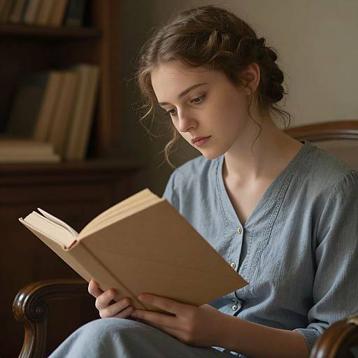 Photograph of a young woman with fair skin and brown hair in a loose bun, wearing a blue button-down nightgown, reading a brown book