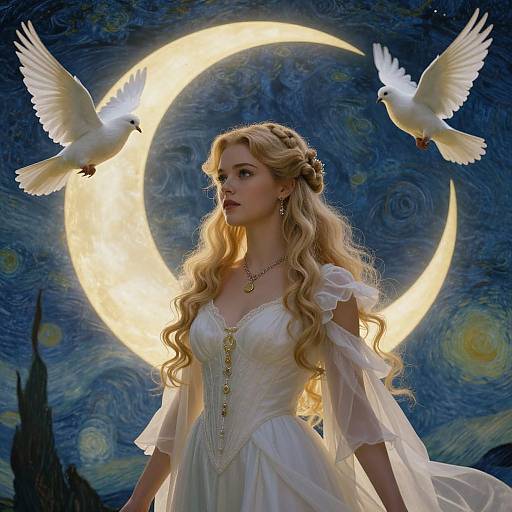 Digital art of a blonde woman with long wavy hair in a white, off-shoulder dress, standing before a glowing crescent moon, fl