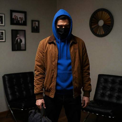 Man in Blue Hoodie and Brown Jacket with Mask
