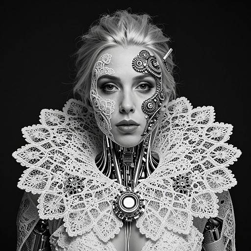 Cyberpunk portrait of a woman with intricate lace collar, mechanical facial implants, and monochrome contrast, set against a black background.