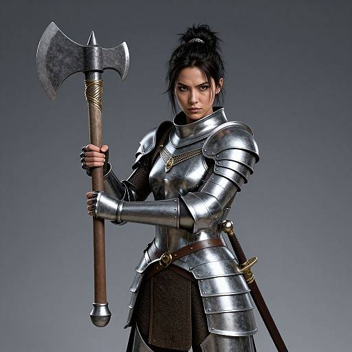 Fierce Woman in Shiny Medieval Armor