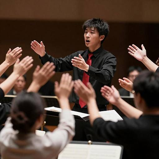 Young Conductor Under Stage Lights, Reaching Hands