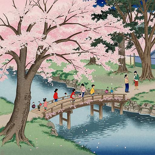 Colorful digital illustration of cherry blossom tree, wooden bridge over a blue river, people in traditional Japanese clothing strolling.
