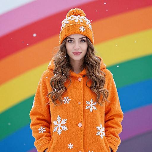 Photograph of a smiling woman with long brown hair, wearing an orange snowflake-patterned knit coat and matching hat, against a vibrant rainbow background.