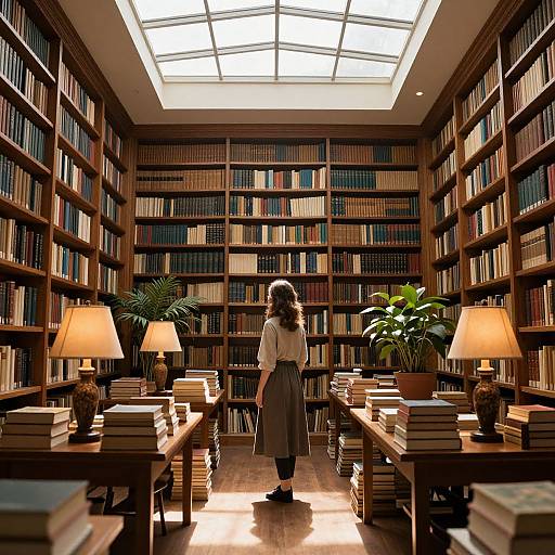 Photograph of a young woman with curly hair, white blouse, and gray skirt, standing in a sunlit, wooden library aisle, surrounded by book