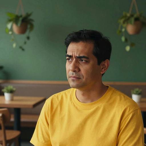 Photograph of a middle-aged man with short black hair, wearing a yellow shirt, sitting in a green-walled café with potted plants.