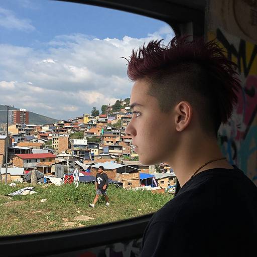Photograph of a young man with spiked brown hair, black shirt, and chain, gazing outside a window at a colorful, hilly slum