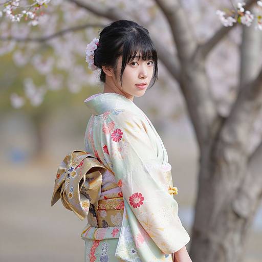 Photograph of a young Japanese woman in a white floral kimono, with black hair and a pink flower hairpin, looking back, standing by a