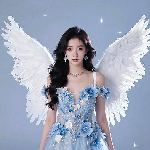 Ethereal Woman with Angel Wings in Blue Floral Gown