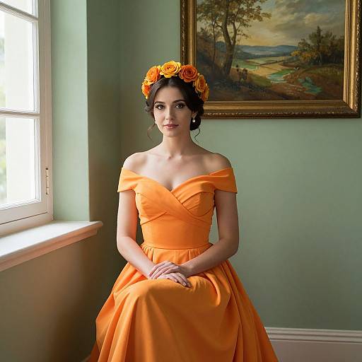 Photograph of a dark-haired woman in an off-shoulder, bright orange dress, adorned with a yellow-orange flower crown, seated by a sun