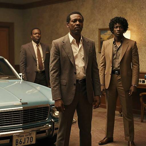 Men in Retro Suits with Vintage Car in Dimly Lit Room