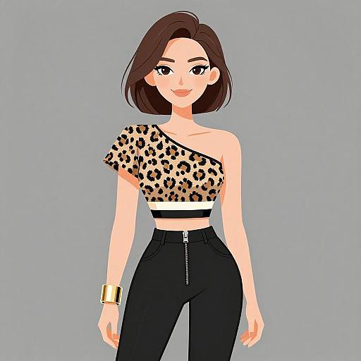 Digital illustration of a smiling woman with short brown hair, wearing a leopard-print one-shoulder top, black high-waisted jeans, and a