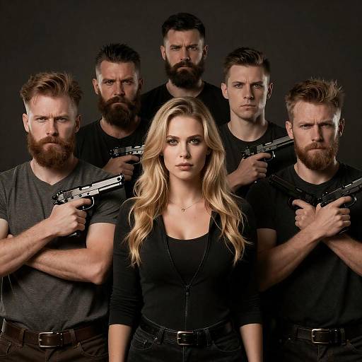 Intense Group with Guns and Serious Expressions