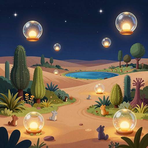 Digital artwork of a night desert scene with glowing glass lanterns, various cacti, plants, and small animals, under a starry sky.