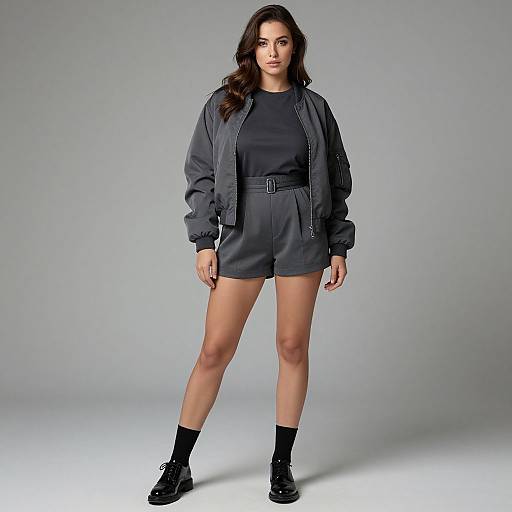 Photograph of a woman with long dark hair, wearing a black shirt, gray jacket, high-waisted shorts, black socks, and black boots