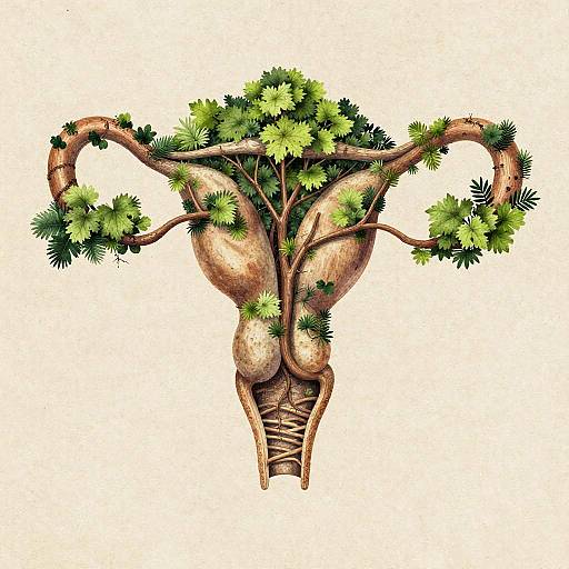 Illustration of a female human vulva with tree branches and green foliage growing from the labia, blending natural and anatomical elements.