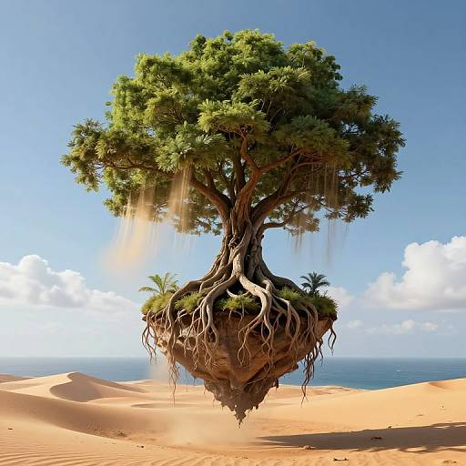 Digital art of a floating tree with dense green foliage and sprawling roots, suspended above sandy desert with clear blue sky.