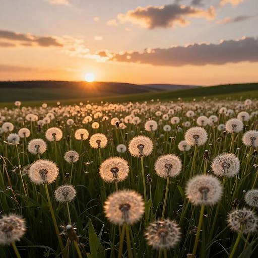 Photograph of a sunlit dandelion field at sunset, with a golden-orange sky and scattered clouds, creating a serene, warm ambiance.