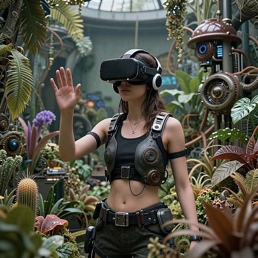 Digital artwork of a woman in a futuristic black leather outfit, VR headset, and headphones, waving in a lush, sci-fi greenhouse.
