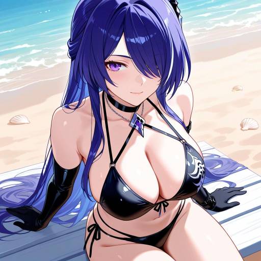 Serene Beach Girl with Vibrant Blues