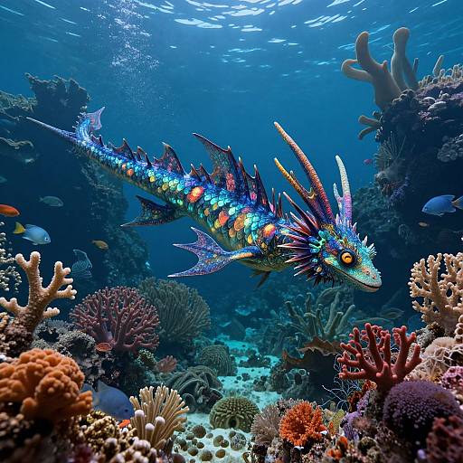 Vibrant, bioluminescent dragonfish with colorful scales and finned head swims through a rich, coral-filled underwater scene. Digital artwork.