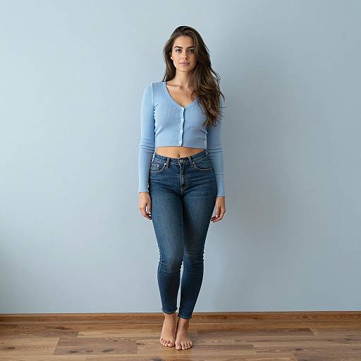 Young Woman in Blue Cardigan and Jeans Standing Indoors