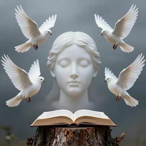 Photograph of a white marble angel statue with closed eyes, surrounded by five white doves flying, above an open book on a tree stump.