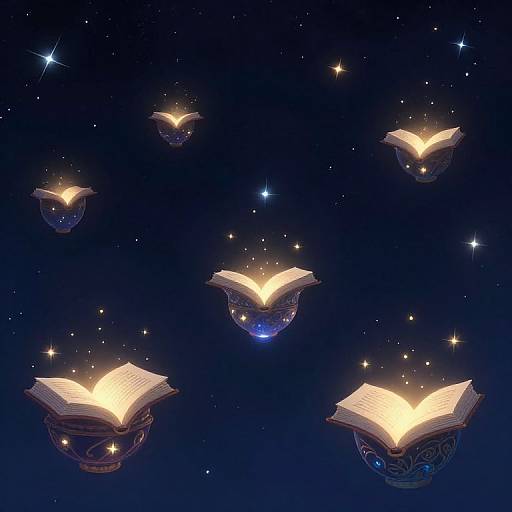 Digital artwork of seven glowing, open books floating in a starry, dark blue night sky, each illuminating with a warm light.