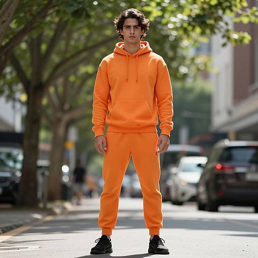 Photograph of a young man with dark curly hair, wearing a bright orange hoodie and pants, standing on a sunlit urban street with cars and trees