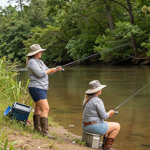 Photograph of two women in plaid shirts, shorts, and hats fishing by a forested river; one stands, the other sits on a box
