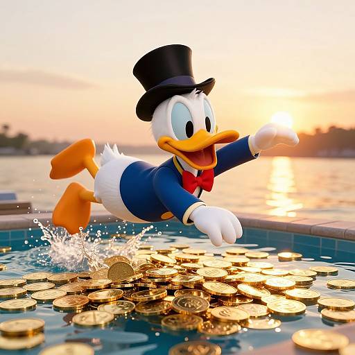 CGI image of Donald Duck in a blue jacket, red bow tie, and black top hat, leaping into a pool filled with gold coins at