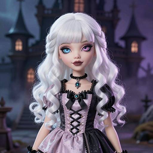 Digital art of a white-haired doll with heterochromatic eyes, wearing a black and pink gothic dress, in front of a dark, gothic