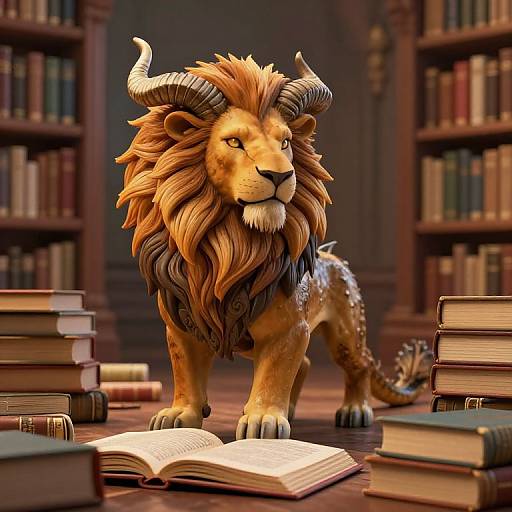 Digital art of a regal, horned lion-dragon hybrid standing on a book-filled library floor, with an open book beneath it.