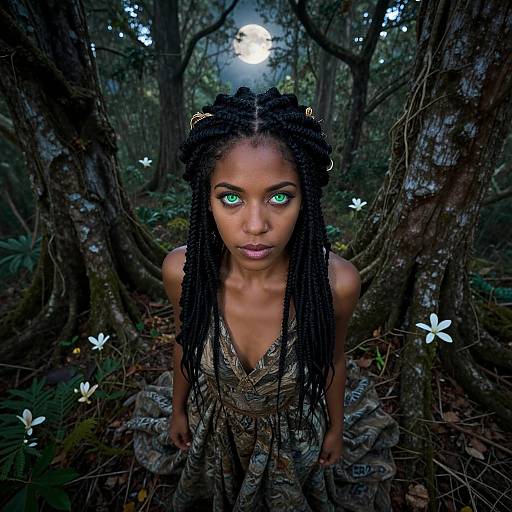Photograph of a young Black woman with glowing green eyes, long braided hair, wearing a patterned dress, kneeling in a dark, mystical forest