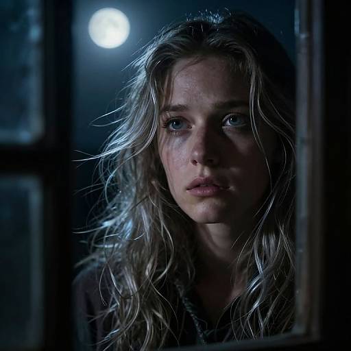 Photograph of a pensive, blue-eyed blonde woman with messy hair, illuminated by a moonlit window, in a dark, shadowy room.