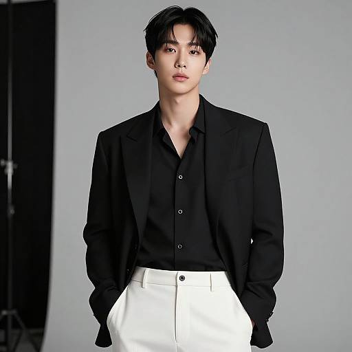 Photograph of an Asian male model with short black hair, wearing a black button-up shirt, black blazer, and white high-waisted pants