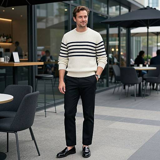 Photograph of a casually dressed man with light skin, brown hair, and black shoes, wearing a white sweater with black stripes and black pants, standing